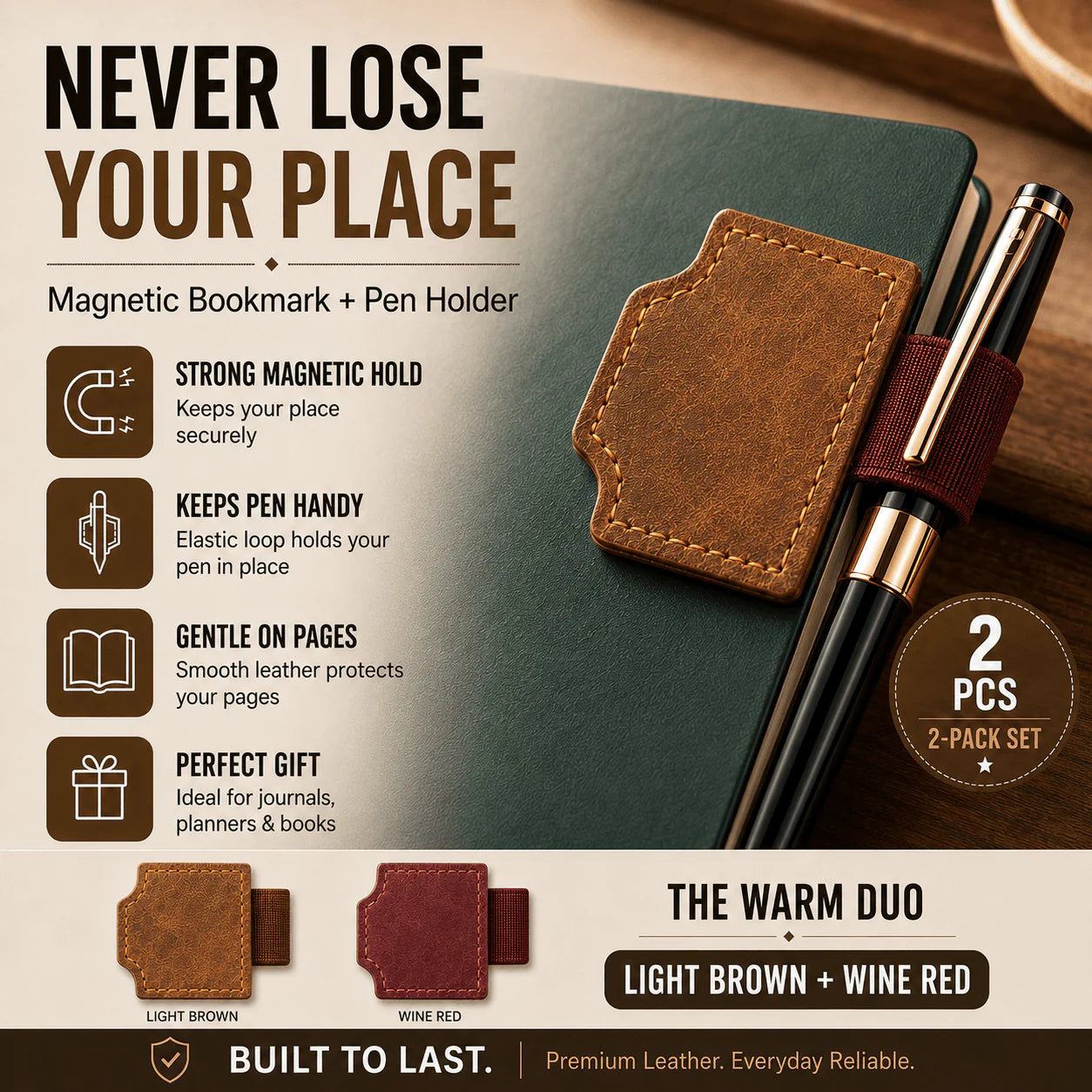 Magnetic Leather Pen Holder Bookmark