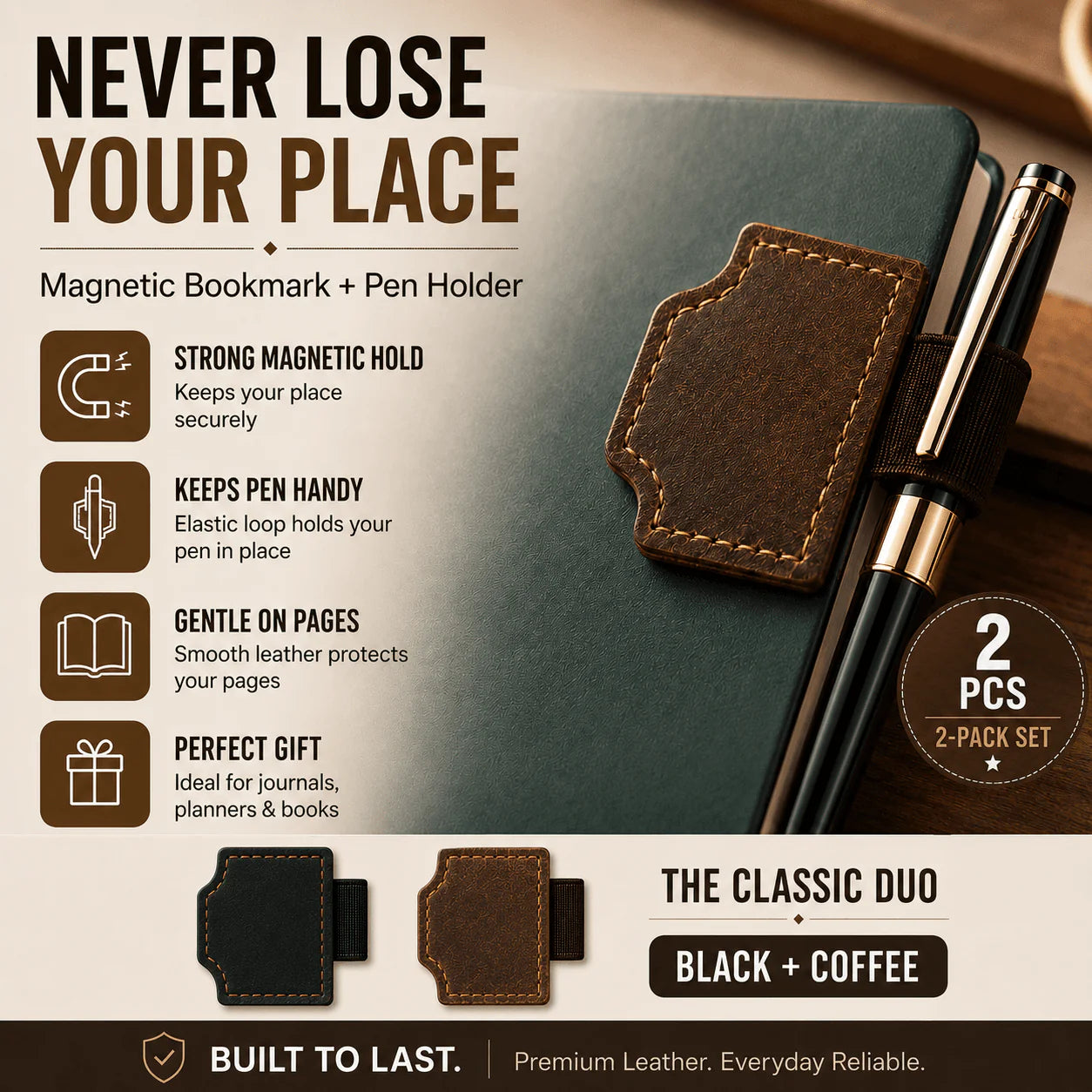 Magnetic Leather Pen Holder Bookmark